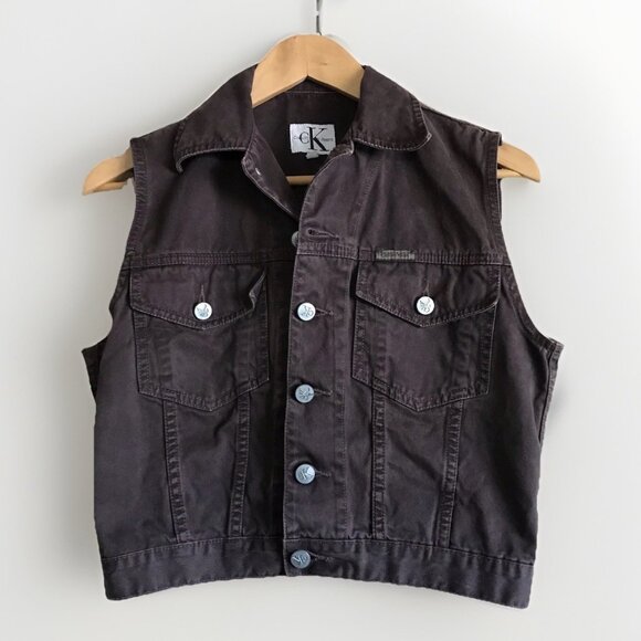 Vintage 90’s Brown Denim Button Up Calvin Klein Vest Size Small - Picture 2 of 7